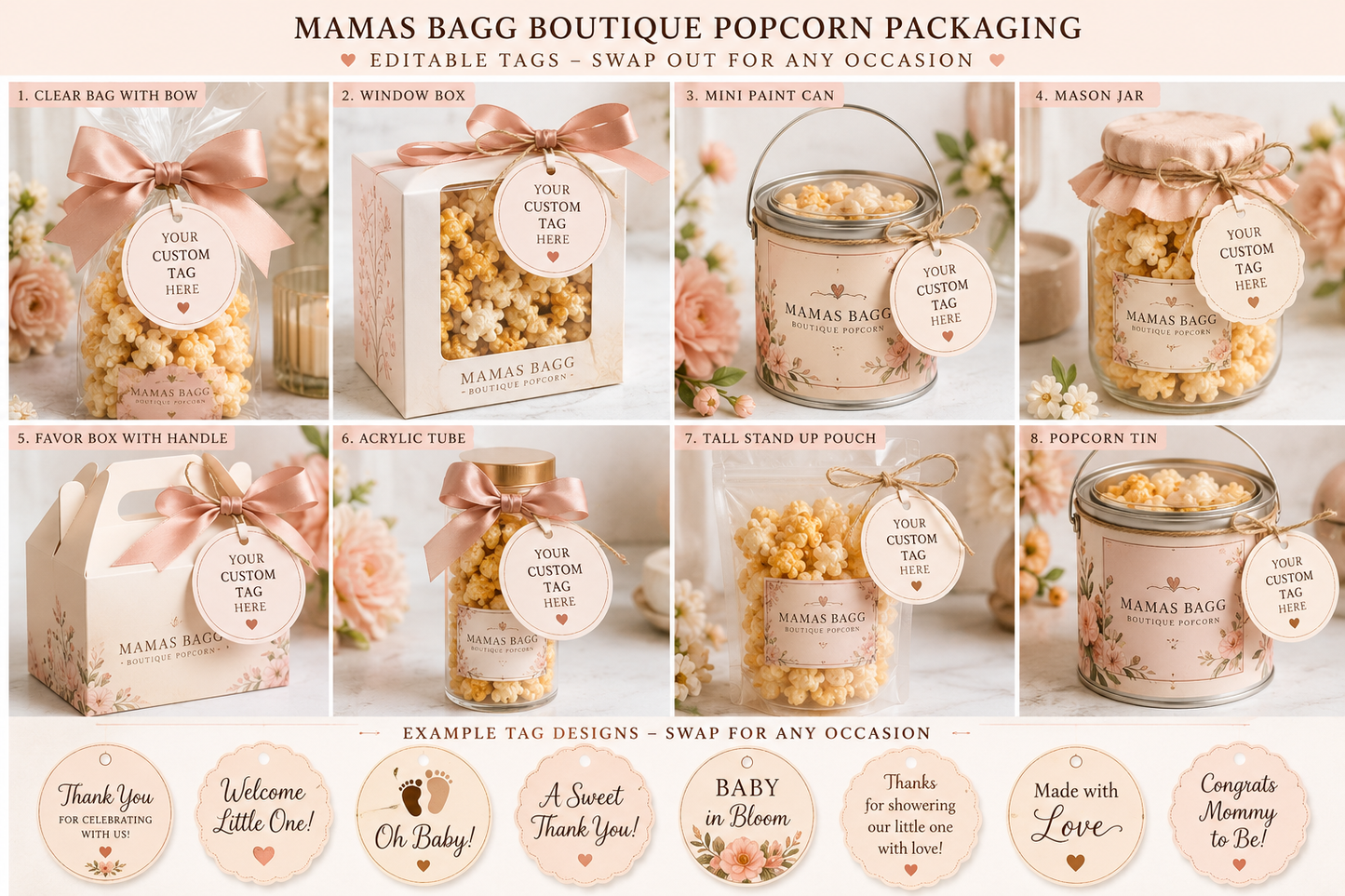 Mamas Bagg Boutique Popcorn Packaging Options - 8 styles with custom tags