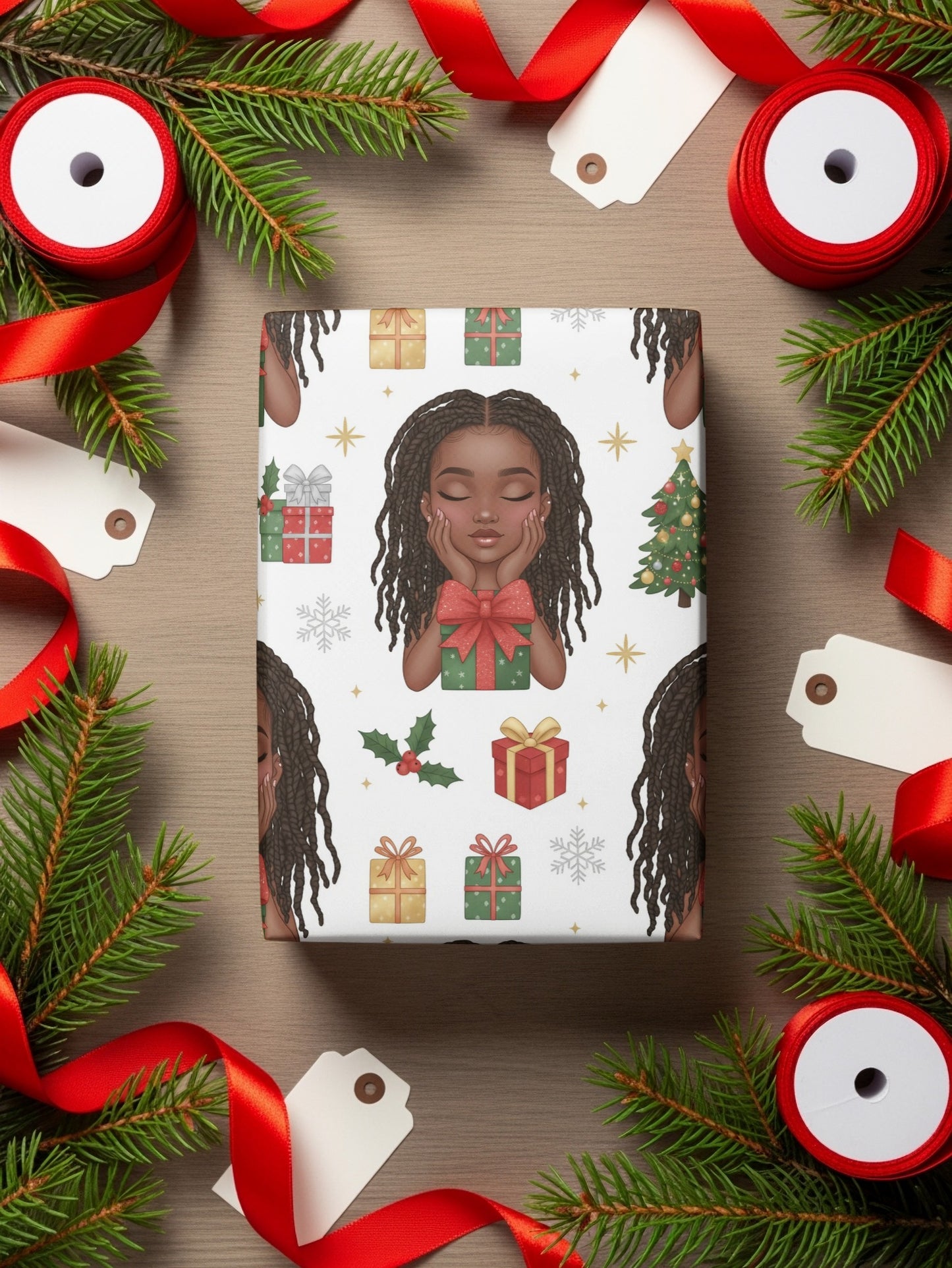 Festive Holiday Gift Wrap Featuring Joyful Faces