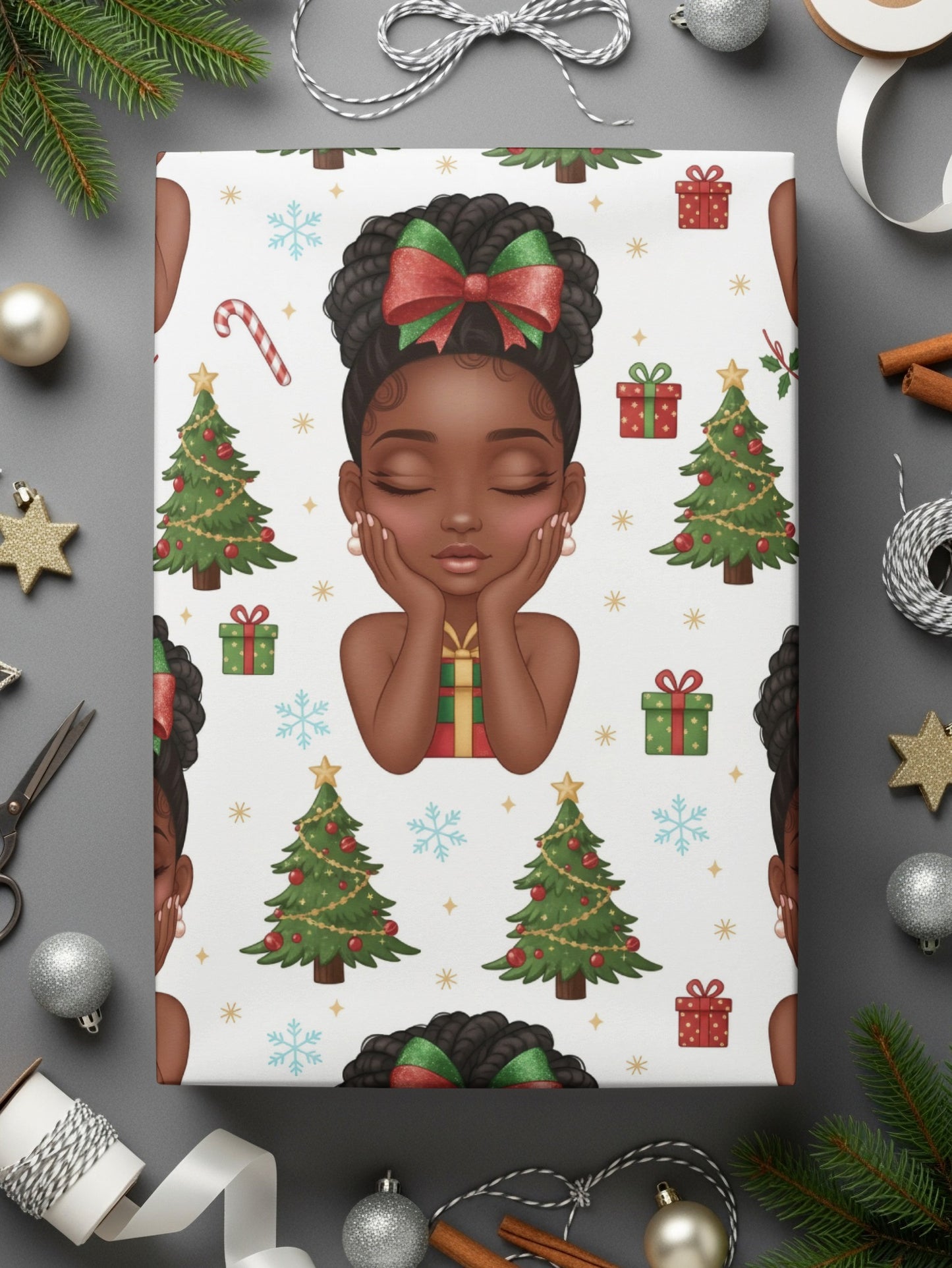 Festive Holiday Wrapping Paper with Cute Girl Design