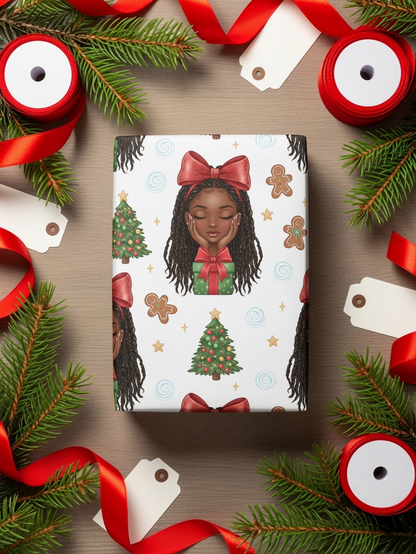 Festive Wrapping Paper African American Girl Christmas