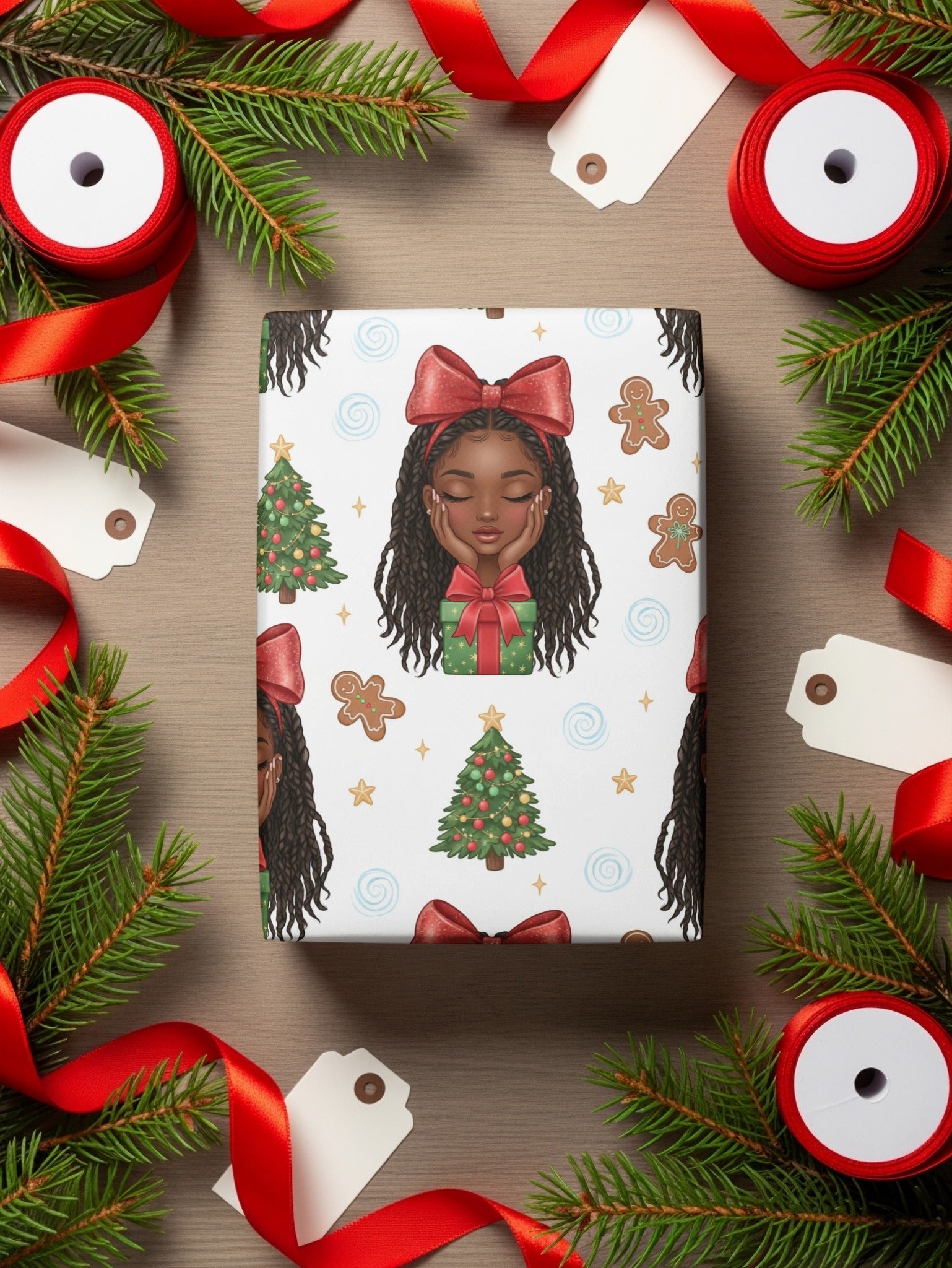 Festive Wrapping Paper African American Girl Christmas