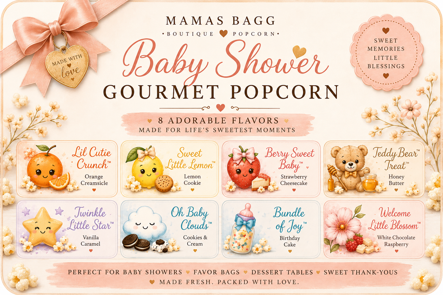 Baby Shower Gourmet Popcorn Favors - 8 Adorable Flavors by Mamas Bagg