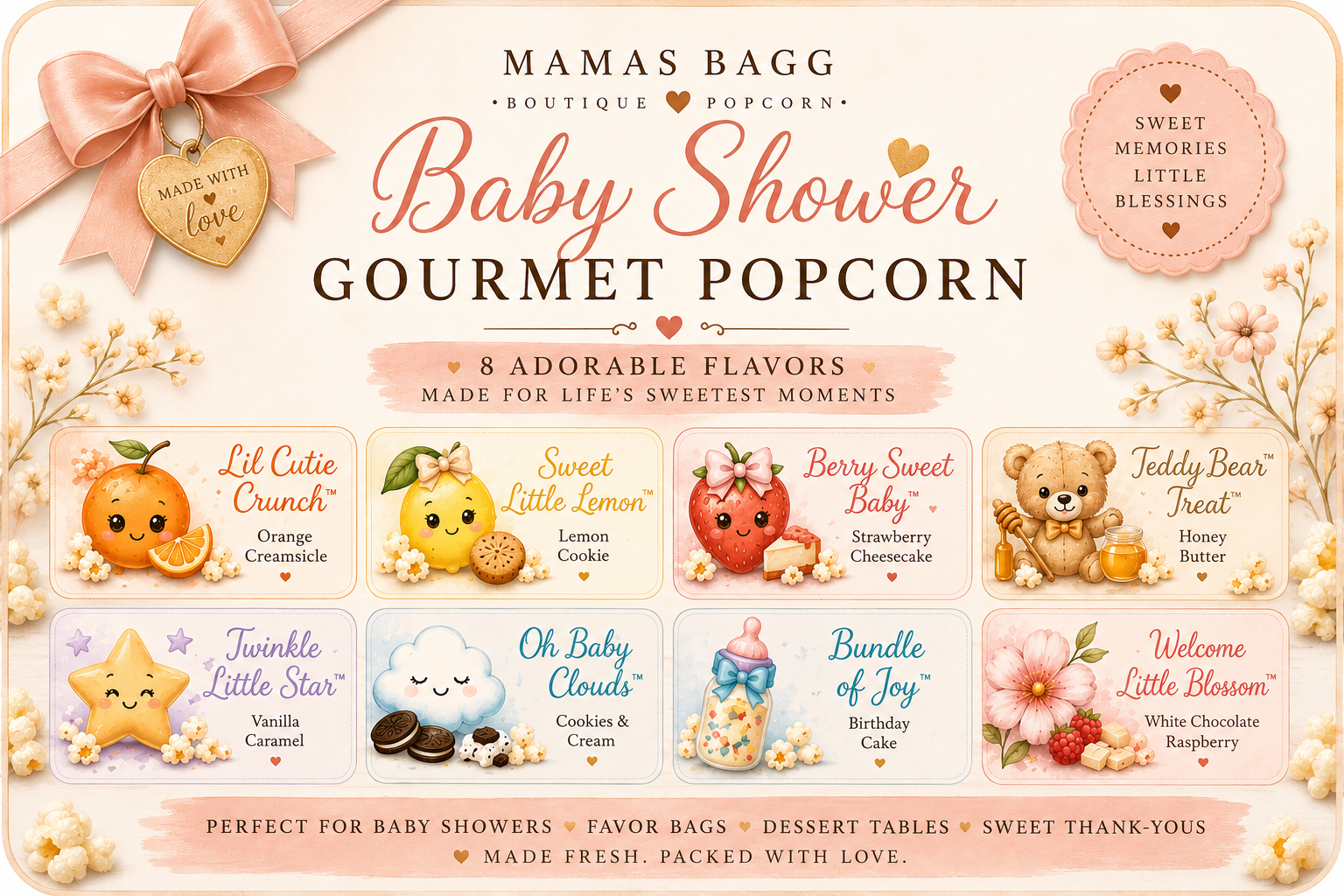 Baby Shower Gourmet Popcorn Favors - 8 Adorable Flavors by Mamas Bagg